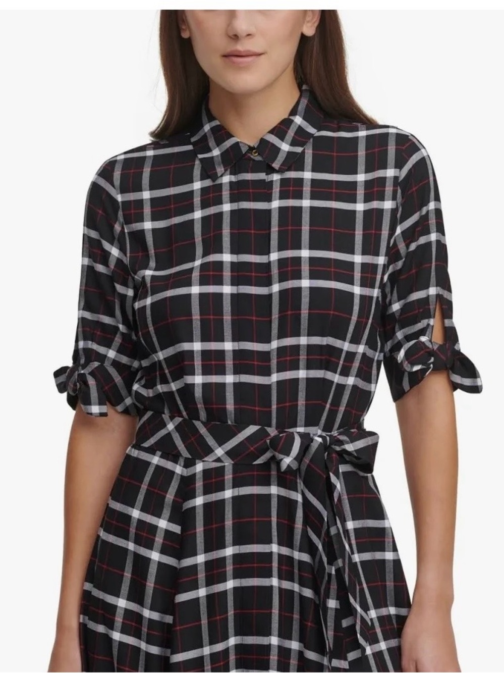 Calvin Klein Black and White Plaid Maxi Shirt Dress with Tie Waist - Picture 2 of 7